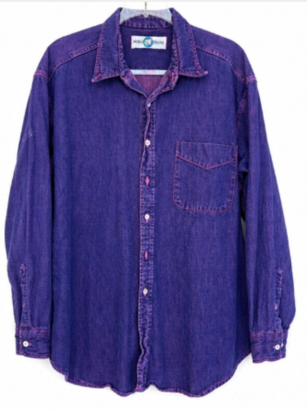 Vintage World Island Purple Denim Button Down Shirt Size L Made in USA